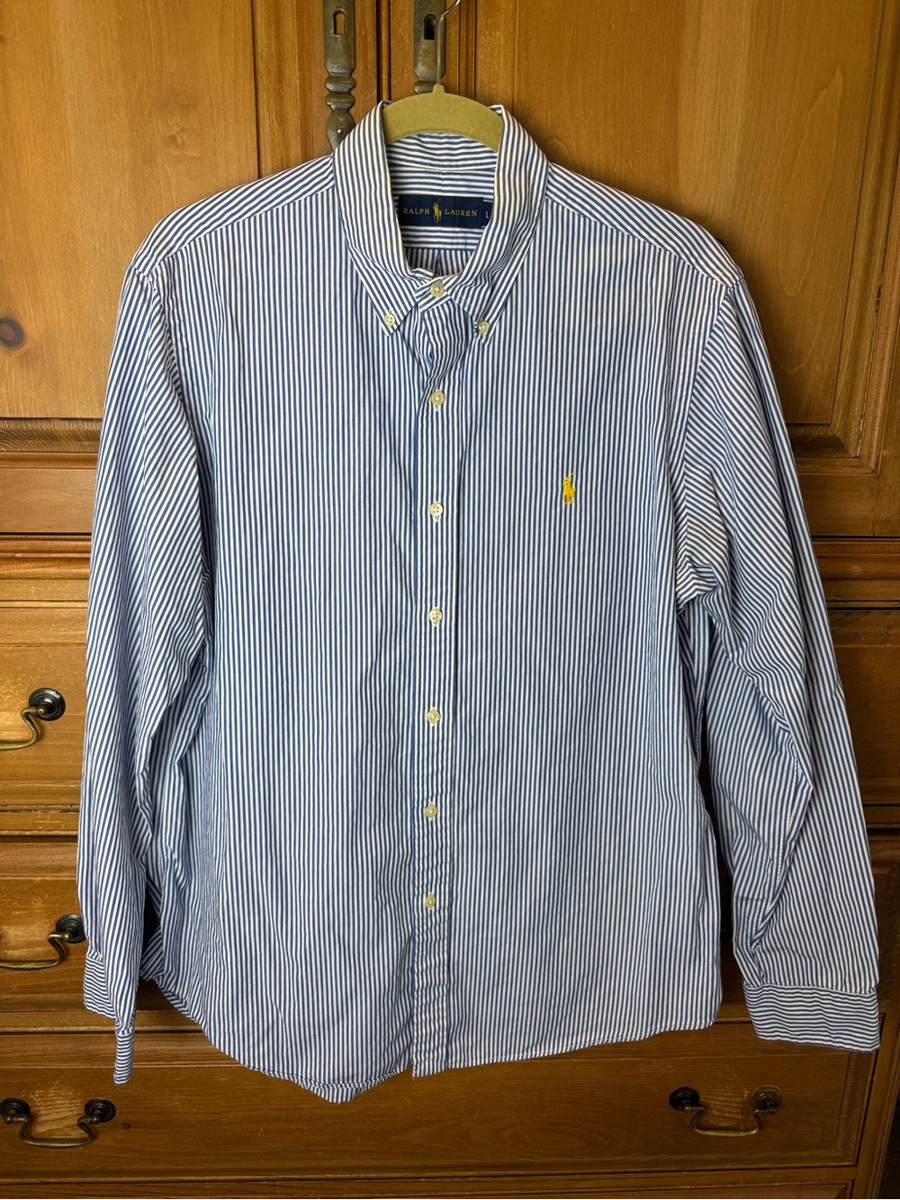Ralph Lauren Men's Navy and White Striped Button-Down Shirt with Yellow Logo